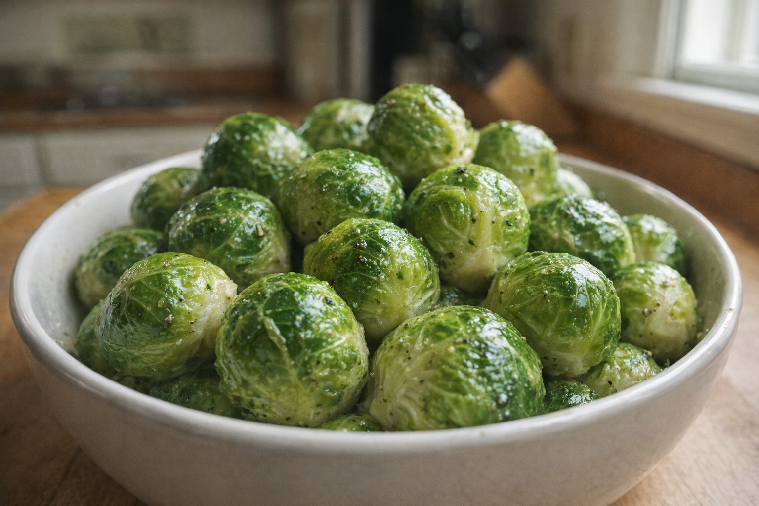 A close-up shot of perfectly boiled Brussels sprouts in a serving bowl, bright green color, glistening with a light coating of butter and seasonings, soft natural light